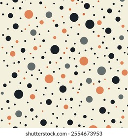 A vibrant pattern featuring various sizes of circles in black, orange, and gray against a soft cream background, perfect for modern design projects.
