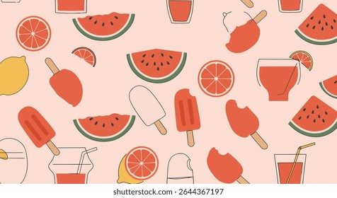 Um padrão vibrante com fatias de melancia, frutas cítricas, picolés e bebidas refrescantes, evocando um clima de verão e brincalhão.