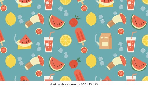Um padrão vibrante com fatias de melancia, limões, picolés, copos de suco com palhas, cubos de gelo e uma pequena fruta com folhas.