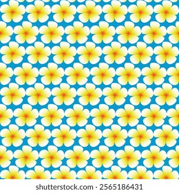 A vibrant pattern featuring white Frangipani flowers , arranged in a repeating grid against a bright blue background. This pattern evokes a sense of summer, relaxation, and tropical paradise.