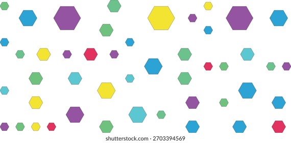 Um padrão vibrante de hexágonos flutuantes em várias cores e tamanhos brilhantes contra um pano de fundo branco limpo.