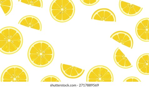 Vibrant pattern of fresh yellow lemon slices and segments scattered across a white background creating a refreshing and citrusy design.
