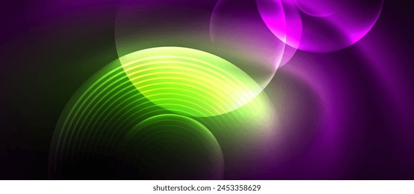 A vibrant pattern of glowing green and purple circle on a dark purple background, creating a stunning display of colorfulness and artistry