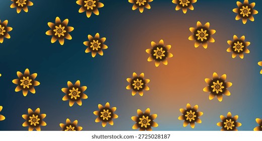 A vibrant pattern of golden flowers with intricate details, set against a smooth gradient background transitioning from blue to orange, creating a visually appealing and decorative design.