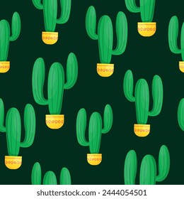 A vibrant pattern of green cactus in yellow pots on a black background creates a colorful and eyecatching design. The neon lighting enhances the organism pattern, making it stand out