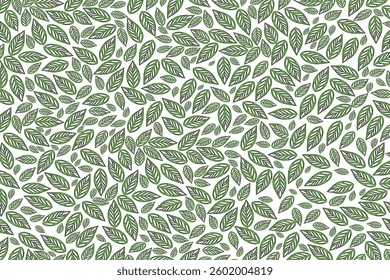 A vibrant pattern of green leaves densely arranged on a white background, creating a fresh and lively design with a natural feel.