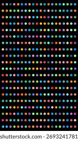 A vibrant pattern of multicolored dots arranged in a grid on a black background.
