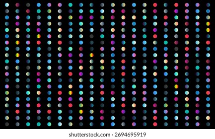 A vibrant pattern of multicolored dots arranged on a black background.