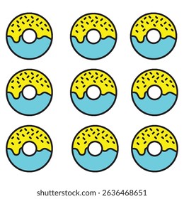 A vibrant pattern of nine cartoon-style donuts with light blue frosting and yellow icing with sprinkles. Ideal for sweet food, bakery, or fun backgrounds