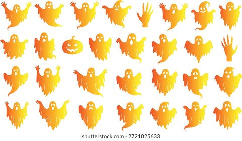 Ein lebendiges Muster aus zahlreichen orangefarbenen und gelben Farbverlauf-Cartoon-Geistern in verschiedenen Posen, begleitet von einer gespenstischen Jack-o'-Laterne und körperlosen Händen, die einen festlichen Halloween-Hintergrund.