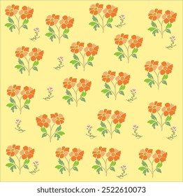 A vibrant pattern of orange flowers against a soft yellow background, featuring smaller purple blooms, perfect for textiles or wallpapers