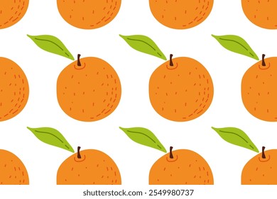 Vibrant pattern of oranges with green leaves on a white background showcasing playful design