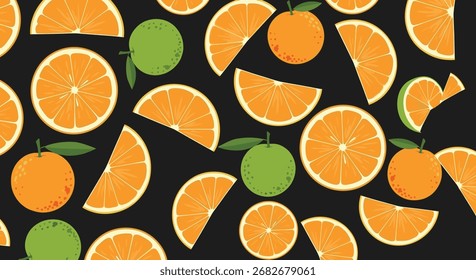 A vibrant pattern of oranges and limes on a dark background.
