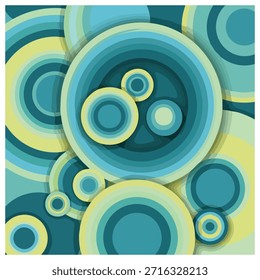 A vibrant pattern of overlapping blue and yellow circles of various sizes.
