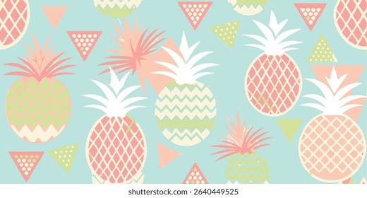 A vibrant pattern of pineapples in pastel colors, featuring geometric shapes like triangles.