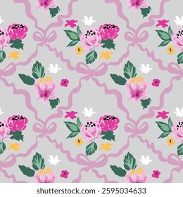 A vibrant pattern of pink peonies and colorful flowers with ribbons on a soft gray backdrop creates a cheerful atmosphere, ideal for various design projects.