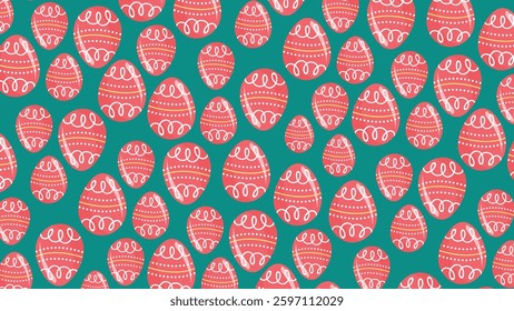 A vibrant pattern of red Easter eggs with white swirls and dotted designs on a teal background.
