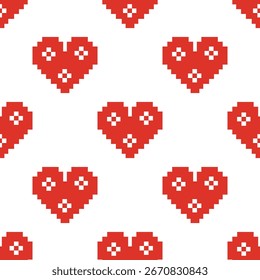 Un patrón vibrante de corazones pixelados rojos contra un fondo limpio, creando un diseño moderno y juguetón