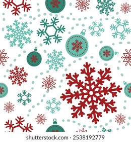 A vibrant pattern of red and teal snowflakes and ornaments on a white background, perfect for holiday-themed designs and seasonal decor.