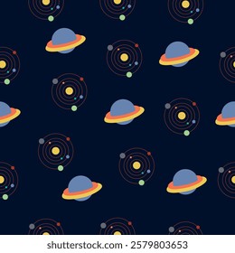 A vibrant pattern with Saturn and planetary orbits in bright colors on a dark background