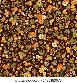 Vibrant pattern showcases an array of small, textured flowers and leaves in shades of orange, yellow, and green on a dark background. The design exudes organic feel, perfect for fabric, wallpaper.