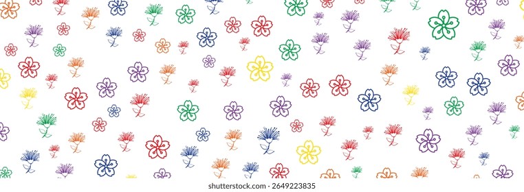 Um padrão vibrante mostra desenhos florais contornados em vermelho, verde, azul, amarelo, laranja e roxo, fixados contra um fundo branco nítido, criando um arranjo floral claro e extravagante.