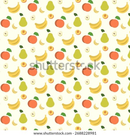 A vibrant pattern showcases various fruit icons including bananas, pears, and apples on a light background. This design is perfect for brightening kitchens or fruit-related projects.