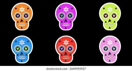 A vibrant pattern of six colorful sugar skulls on a black background.