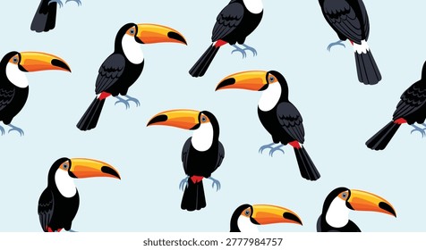 Vibrant pattern of toucan birds with colorful orange and yellow beaks resting on a light blue background, perfect for tropical summer designs.