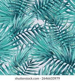 A vibrant pattern of tropical palm leaves in various shades of green, ideal for backgrounds or nature-themed designs.