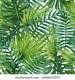 A vibrant pattern of various green tropical leaves, showcasing natural beauty and lush vegetation.