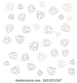 Vibrant pattern of variously colored outlined monstera leaves. Perfect for use in modern design, tropical themes, or wallpaper textures with a nature-inspired aesthetic.