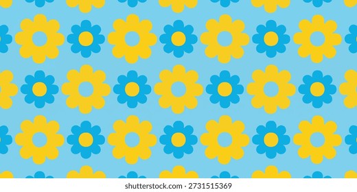 Un patrón vibrante de flores amarillas y azules dispuestas en un diseño repetitivo sobre un fondo azul claro visto directamente desde arriba.