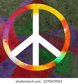 Un signo de paz vibrante compuesto por formas entrelazadas y multicolor.