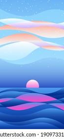 Vibrant peaceful colorful sea waves with sunrise or sunset sky. Vertical vector wallpaper. Abstract tranquil landscape with stars. Blue shades serenity vector illustration background. Nature at dawn.