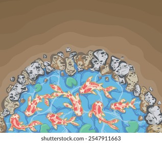 A vibrant and peaceful illustration featuring a top-down view of a koi pond, showcasing colorful fish swimming amongst lily pads and surrounded by stones