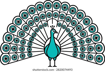 Vibrant peacock displaying its colorful feathers in an artistic illustration style