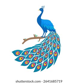 Vibrant Peacock Illustration with Colorful Feathers on Branch for Exotic Bird Art and Nature Inspired Design.