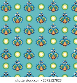 Vibrant Peacock Pattern with Circular Elements on Teal Background
