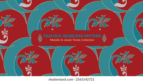 A vibrant peacock seamless pattern focusing on jewel-tone palettes, mystic moon with peacock in luxury style for packaging ,stationary, wallpaper, textile 