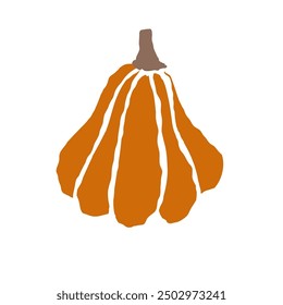A vibrant pear-shaped pumpkin illustration with distinct grooves and curves on a white background