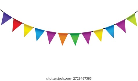 Vibrant pennant banner with multiple small triangular flags in various bright colors including red, blue, green, yellow, orange, and purple, hanging from a string, isolated on white background