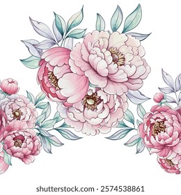 Vibrant peonies in shades of pink intertwine with gentle green leaves, bringing a touch of natures elegance to the art piece seamless pattern, ornament