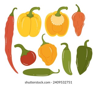 Vibrant Peppers Burst With Hues Of Red, Yellow, And Green, Creating A Vivid Mosaic Of Spice. Their Lively Colors and Shapes Promising A Flavorful Palette In Culinary. Cartoon Vector Illustration
