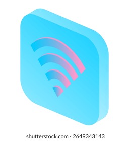 A vibrant perspective vector illustration of a Wi-Fi signal icon on a square internet button symbolizes wireless network communication