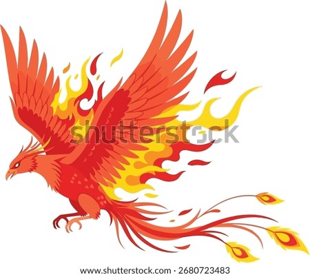 A vibrant phoenix soars with outstretched wings, engulfed in flames, showcasing fiery plumage.