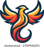 A vibrant phoenix with wings spread, colored in shades of yellow, orange, and red, outlined in dark blue.