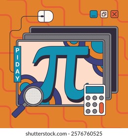 Vibrant Pi Day Digital Celebration Illustration with Calculator, Magnifying Glass, and Mouse Against an Orange Background