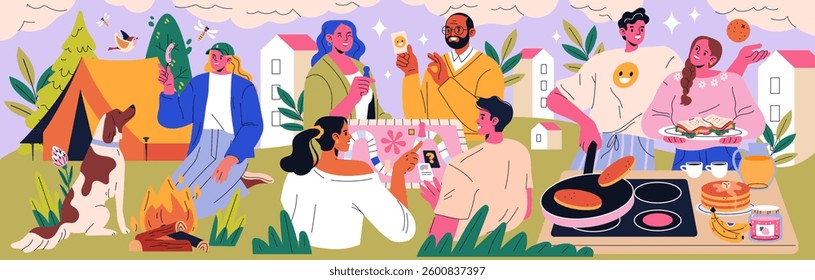 A vibrant picnic scene is beautifully showcasing friends who are enjoying delicious food and fun outdoors together