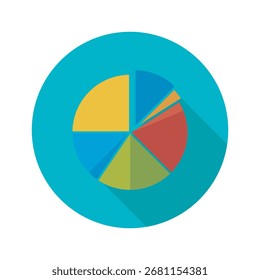 A vibrant pie chart with distinct sections of yellow, blue, green, and red. Flat design with a long shadow effect, showcasing data distribution.